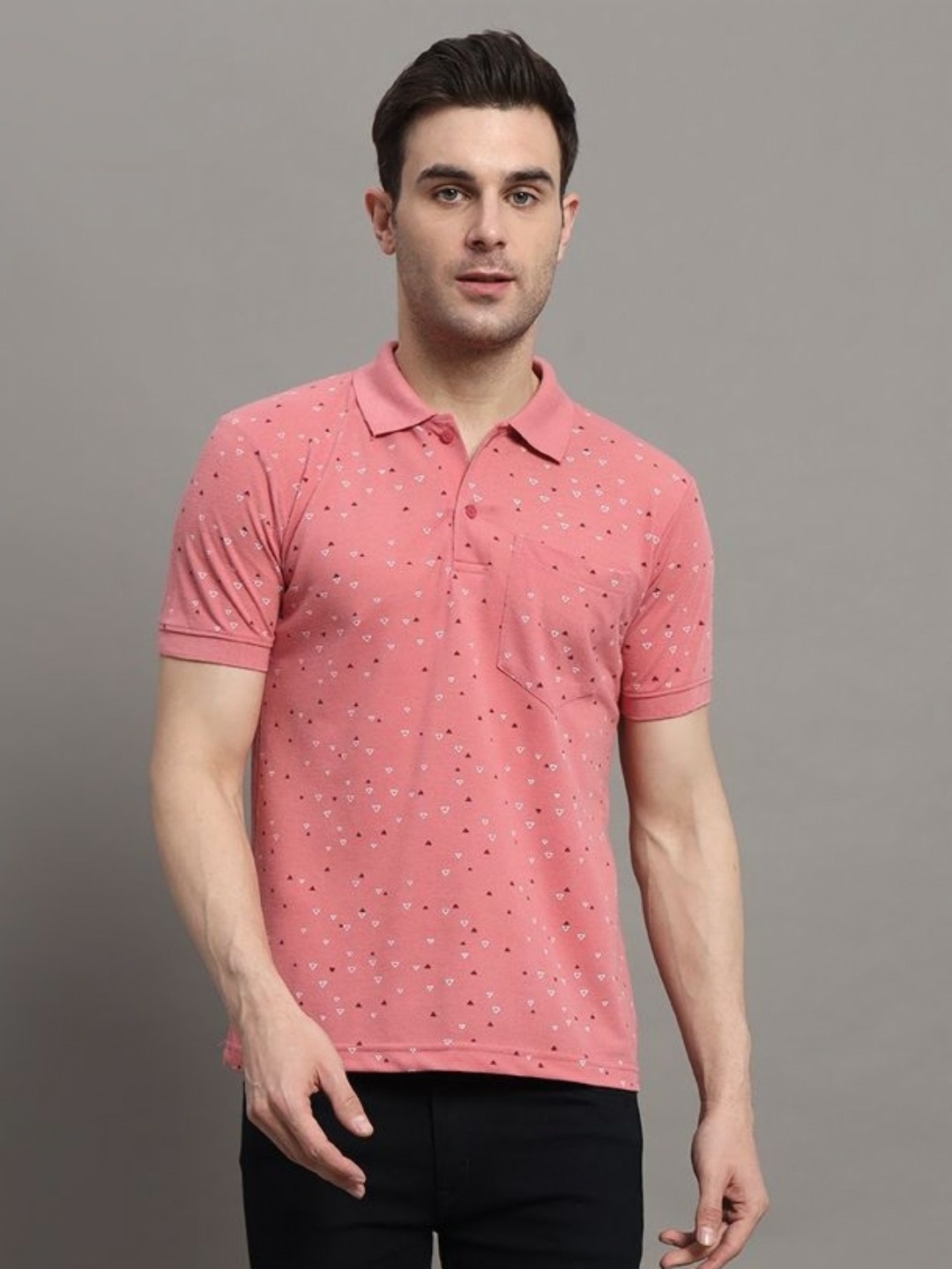

NYKER Men Plus Size Geometric Printed Polo Collar Cotton T-shirt, Peach