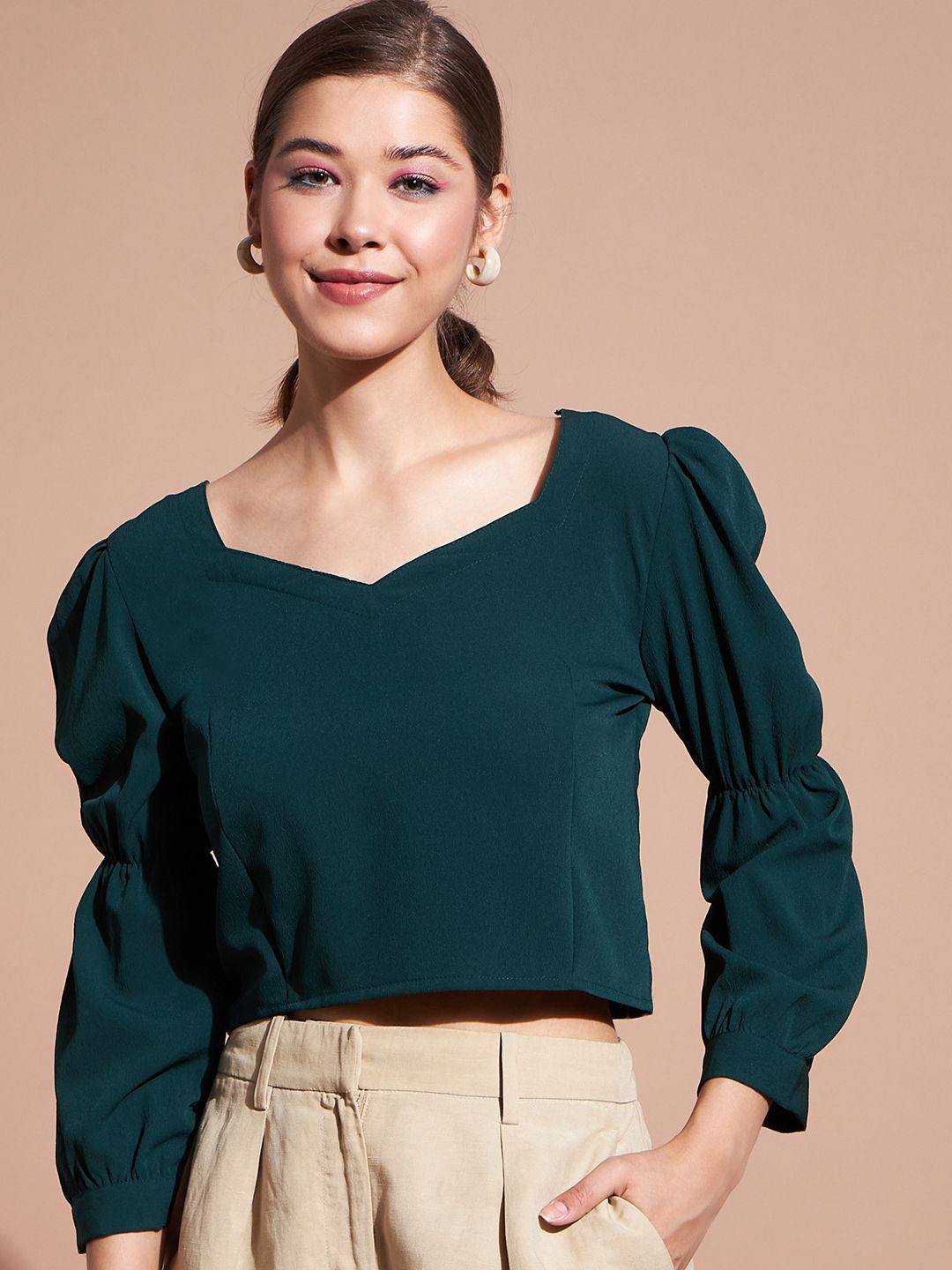 

DressBerry Sweetheart Neck Puff Sleeve Crepe Crop Top, Green