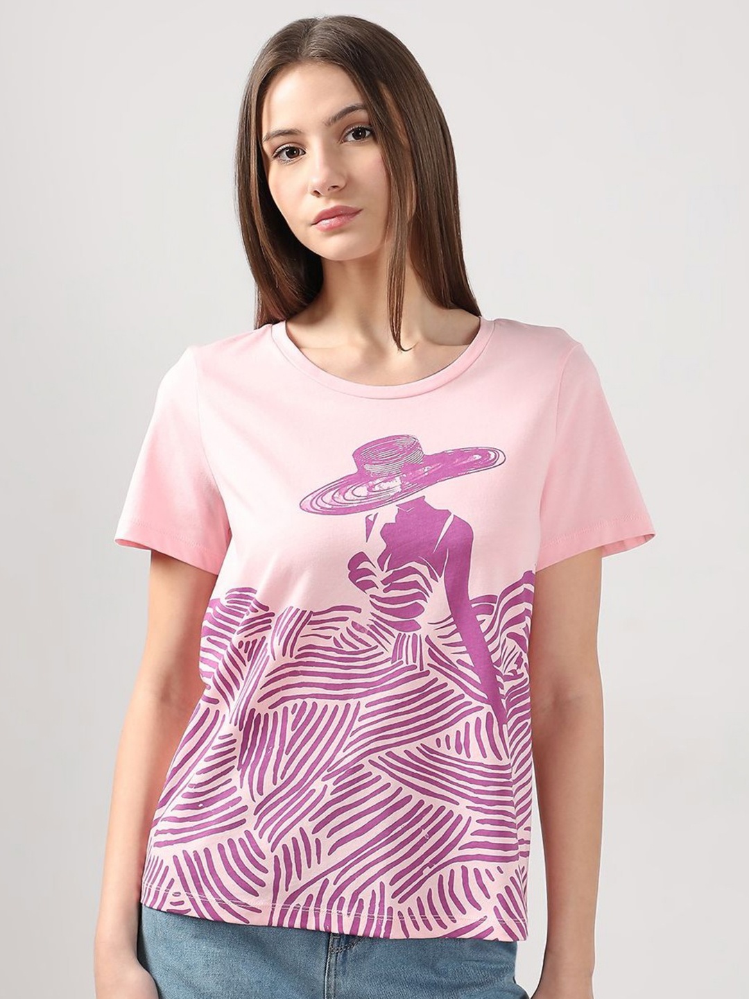 

Vero Moda Women Graphic Printed Round Neck Cotton T-shirt, Pink