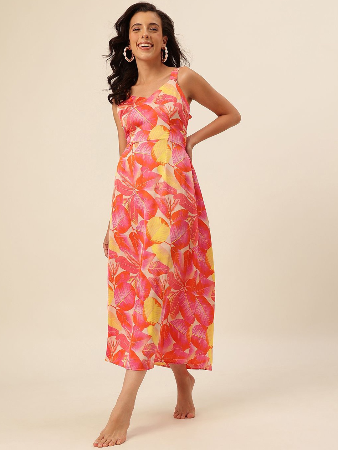 

CUKOO Tropical Printed Georgette A-line Midi Dress, Pink