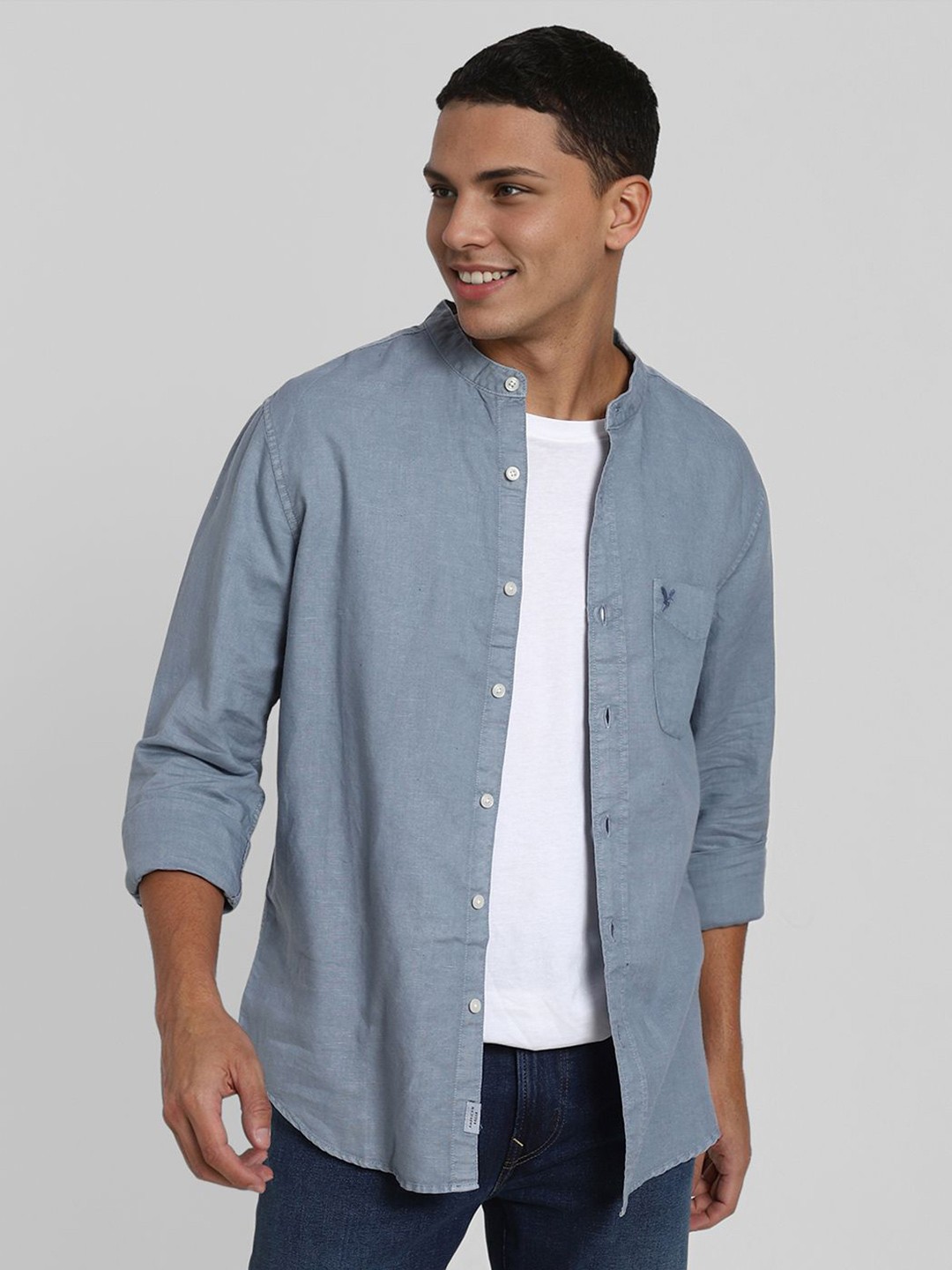 

AMERICAN EAGLE OUTFITTERS Men Band Collar Solid Casual Shirt, Blue