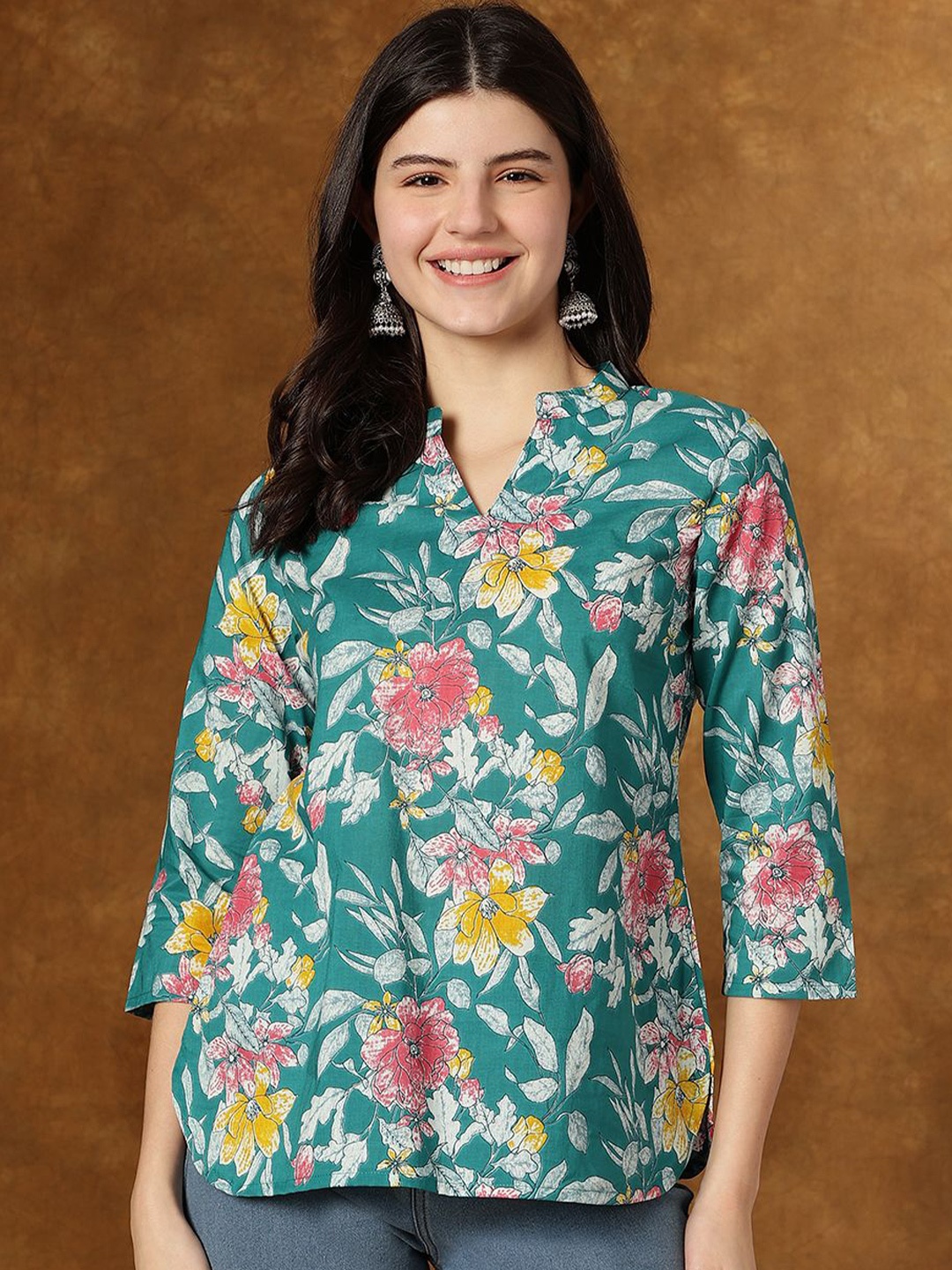

JANAKDULARI CREATION Women Floral Print Mandarin Collar Cotton A-Line Top, Sea green