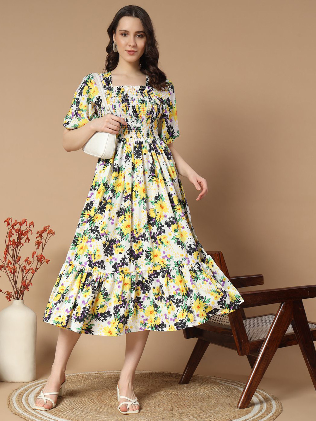 

ZWERLON Women Floral Printed Smocked Puff Sleeve Midi Fit and Flare Dress, White