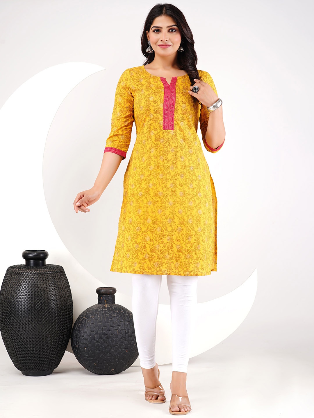 

Moajaza Floral Printed Notch Neck Straight Pure Cotton Kurta, Yellow