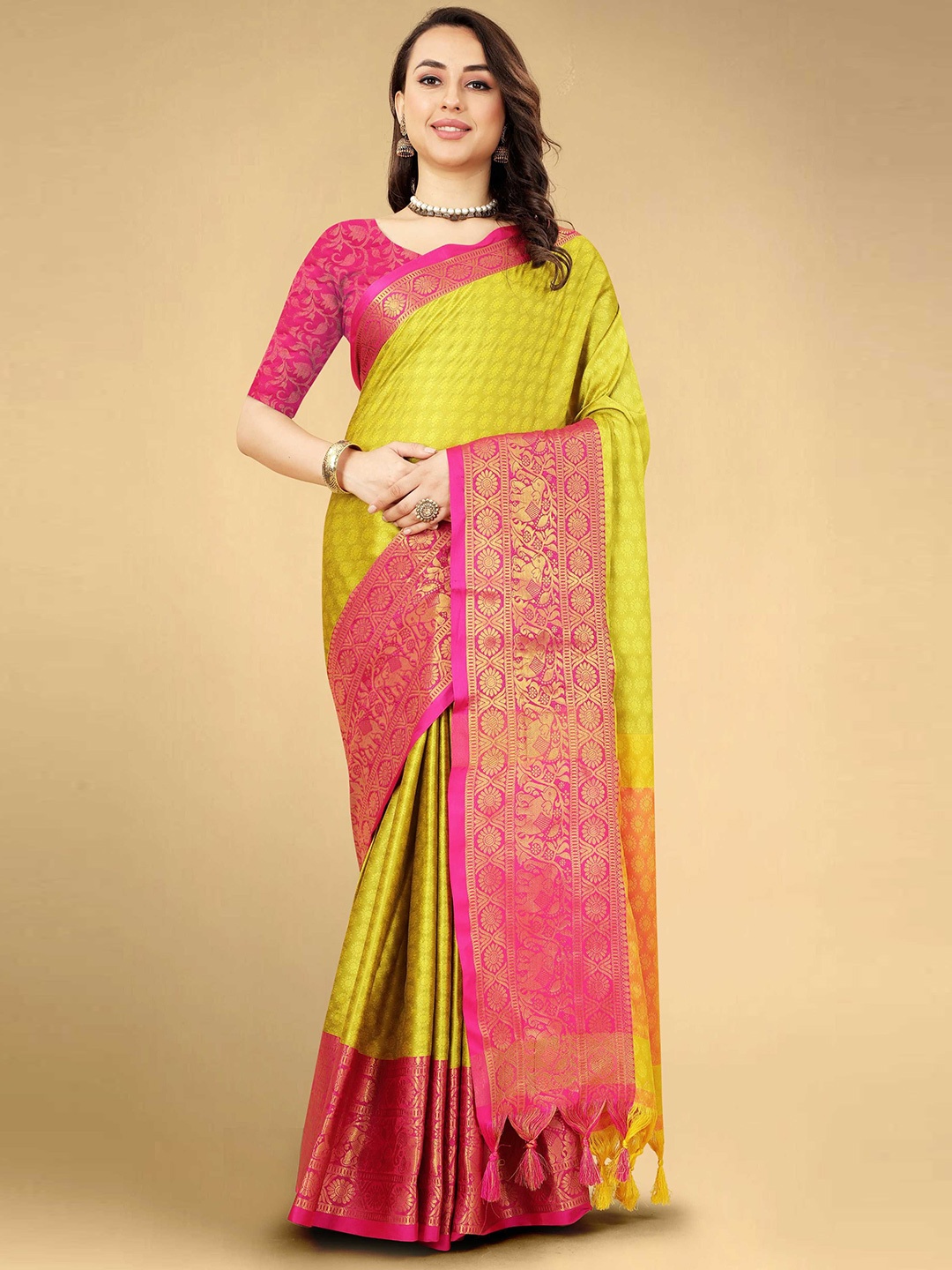 

DIVASTRI Woven Design Zari Silk Cotton Banarasi Saree, Lime green