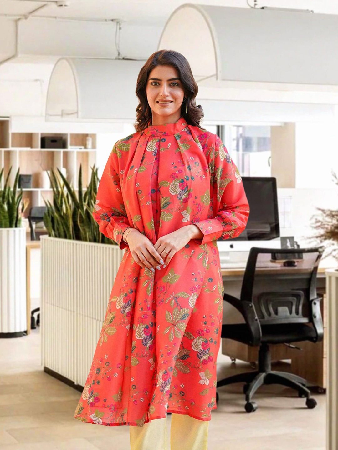 

Ambraee Floral Printed A-Line Kurta with Trousers, Red