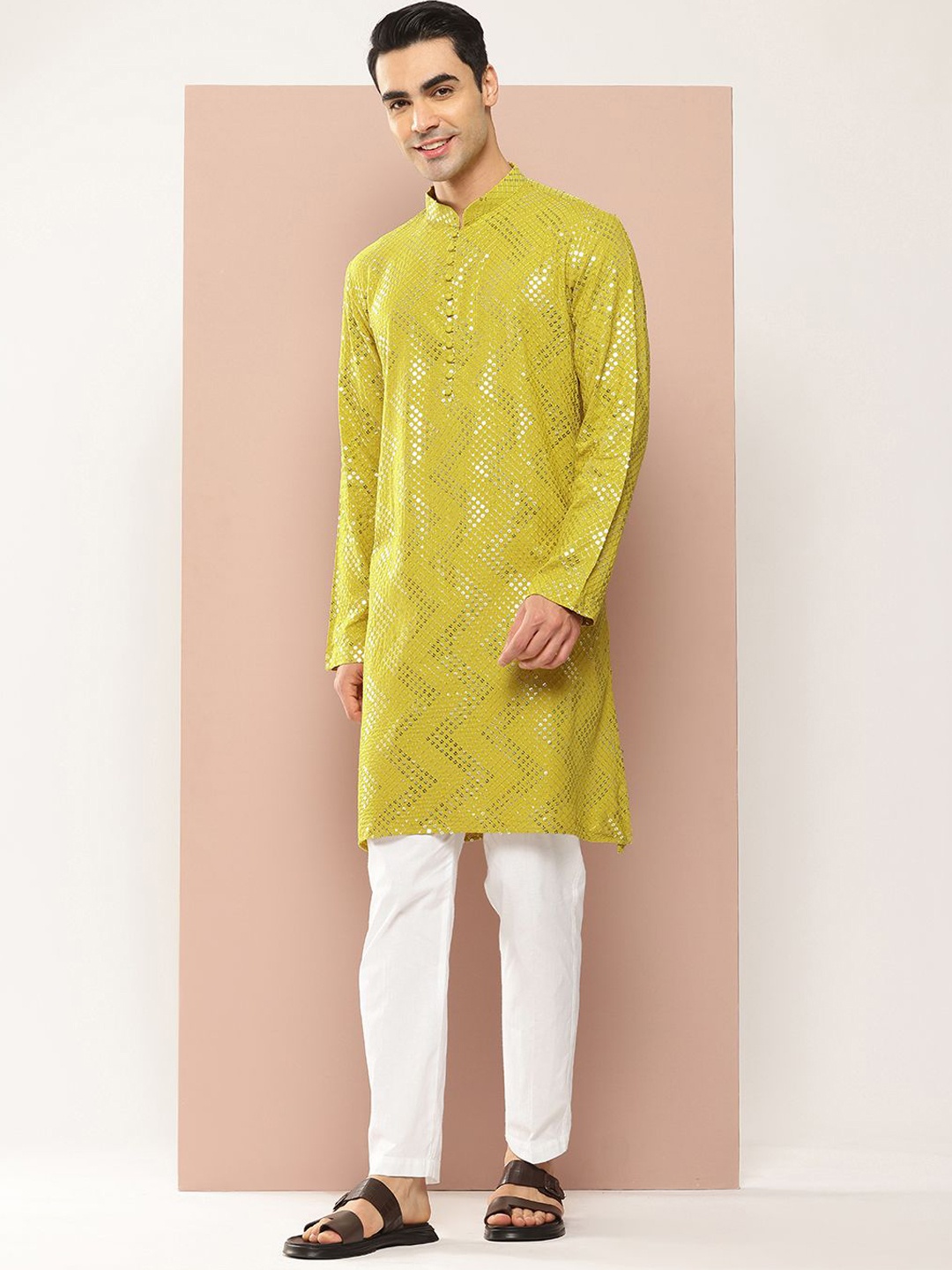 

See Designs Striped Embroidered Sequinned Mandarin Collar Chanderi Silk Straight Kurta, Lime green