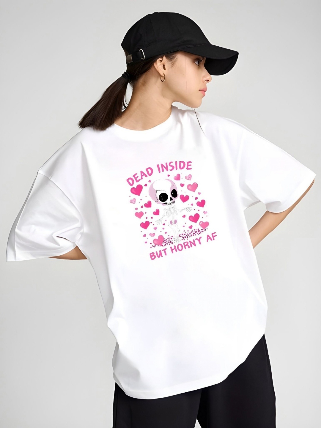 

DressBerry Women Graphic Printed Round Neck Cotton Oversized T-shirt, White