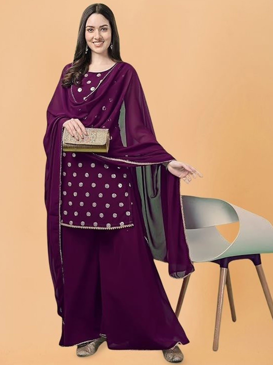 

PARROT CREATION Women Embroidered Regular Sequinned Kurti with Sharara & With Dupatta, Purple