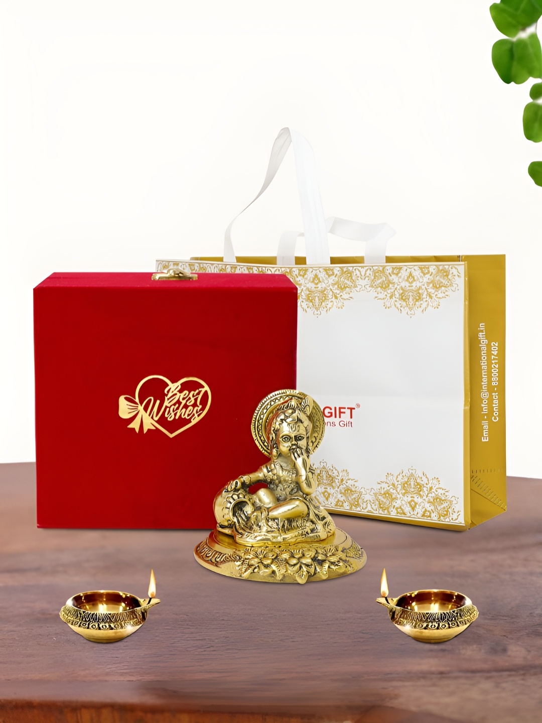 

INTERNATIONAL GIFT Gold Plated Laddu Gopal Idol with 2 Diya Box and Bag