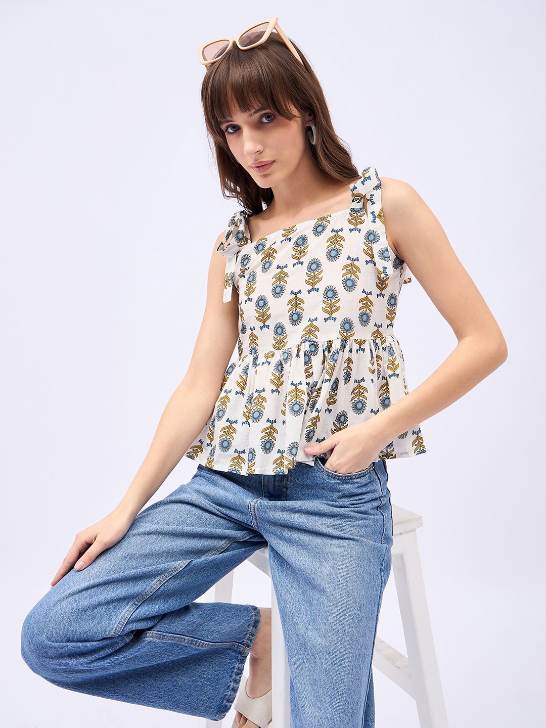 

all about you Ethnic Motifs Printed Cotton Peplum Top, White