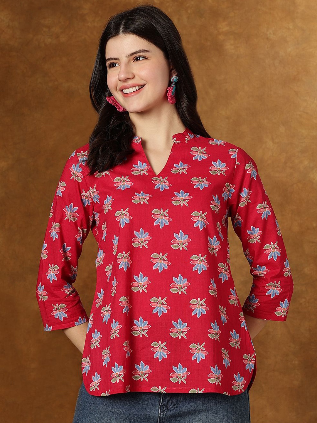 

JANAKDULARI CREATION Women Floral Printed Mandarin Collar Cotton Top, Pink