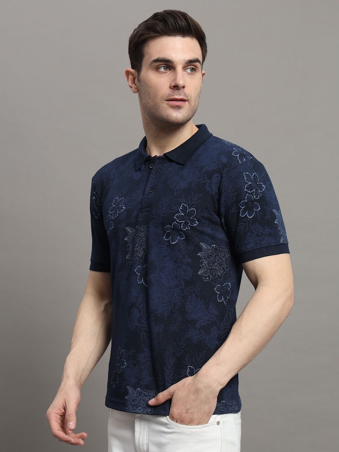 

NYKER Men Floral Printed Polo Collar Cotton T-shirt, Navy blue