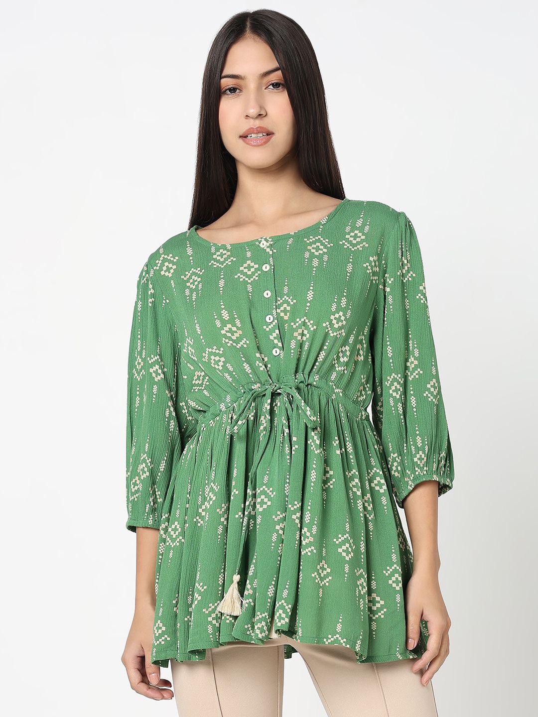 

R&B Women Round Neck Printed Tunic, Green