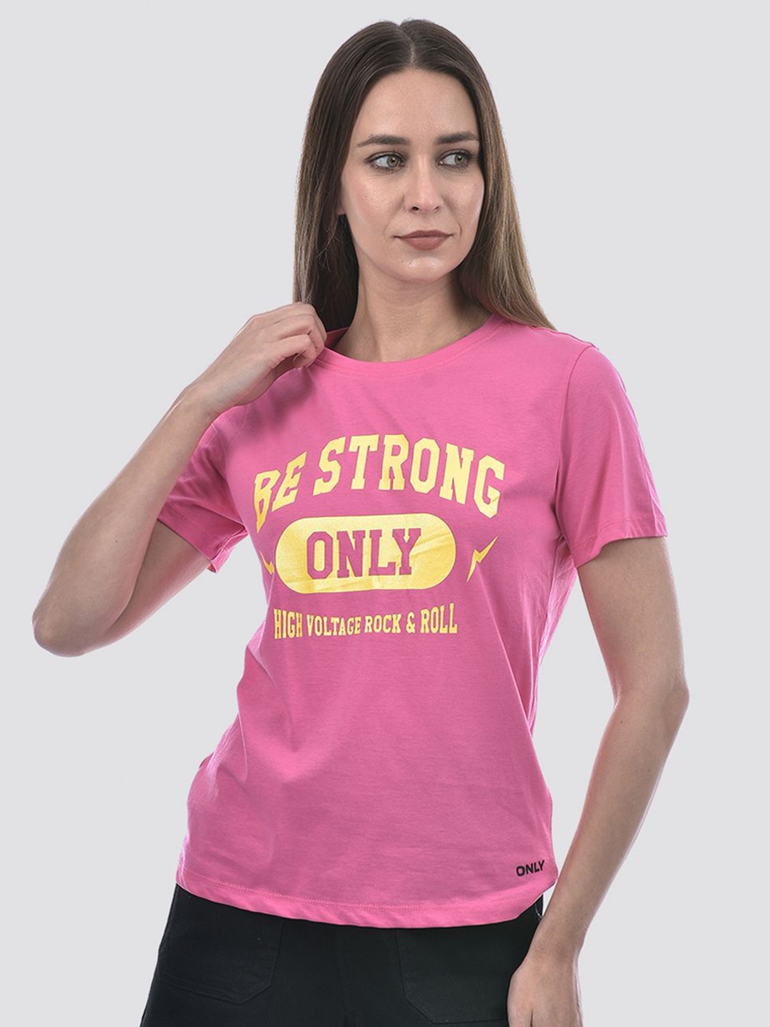 

ONLY Women Typography Printed Round Neck Cotton T-shirt, Pink