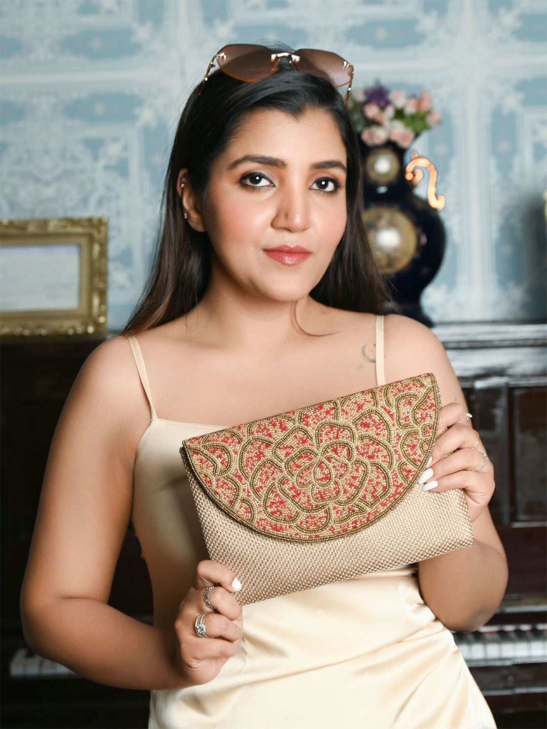

ODETTE Embellished Purse Clutch, Brown