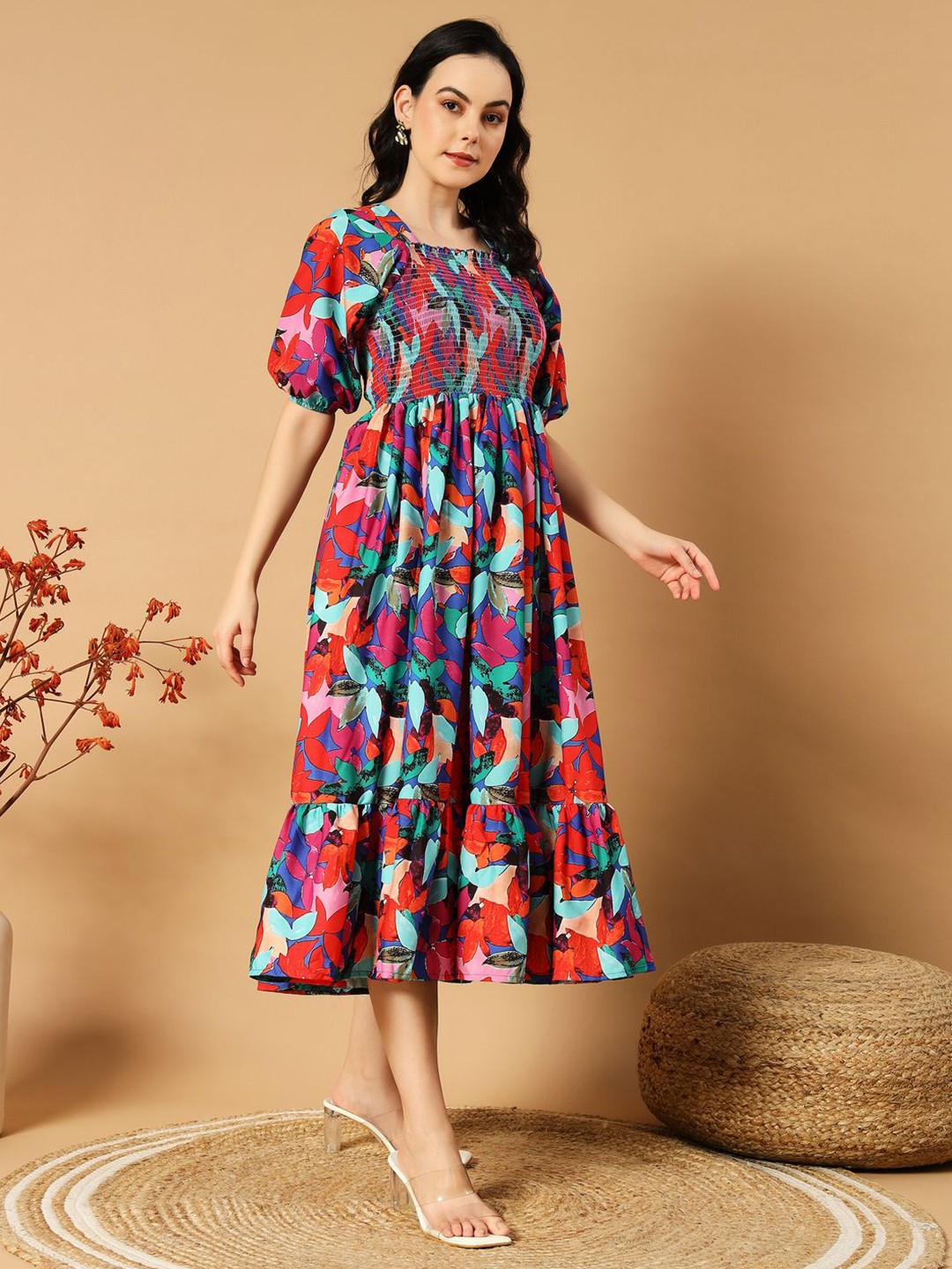 

ZWERLON Floral Print Puff Sleeve Formal A-Line Midi Dress, Red