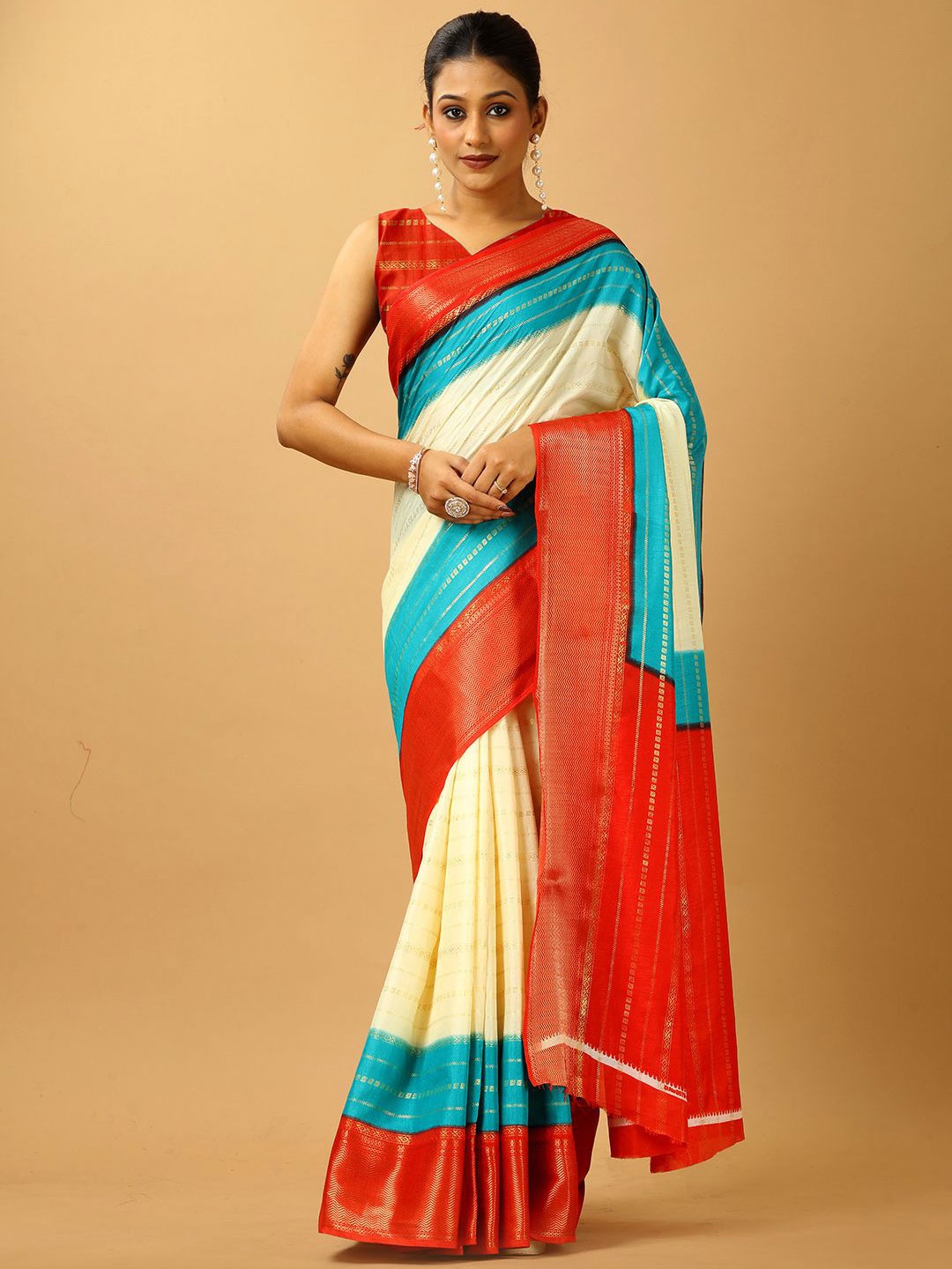 

NIRMAL CREATION Woven Design Striped Zari Saree, Cream