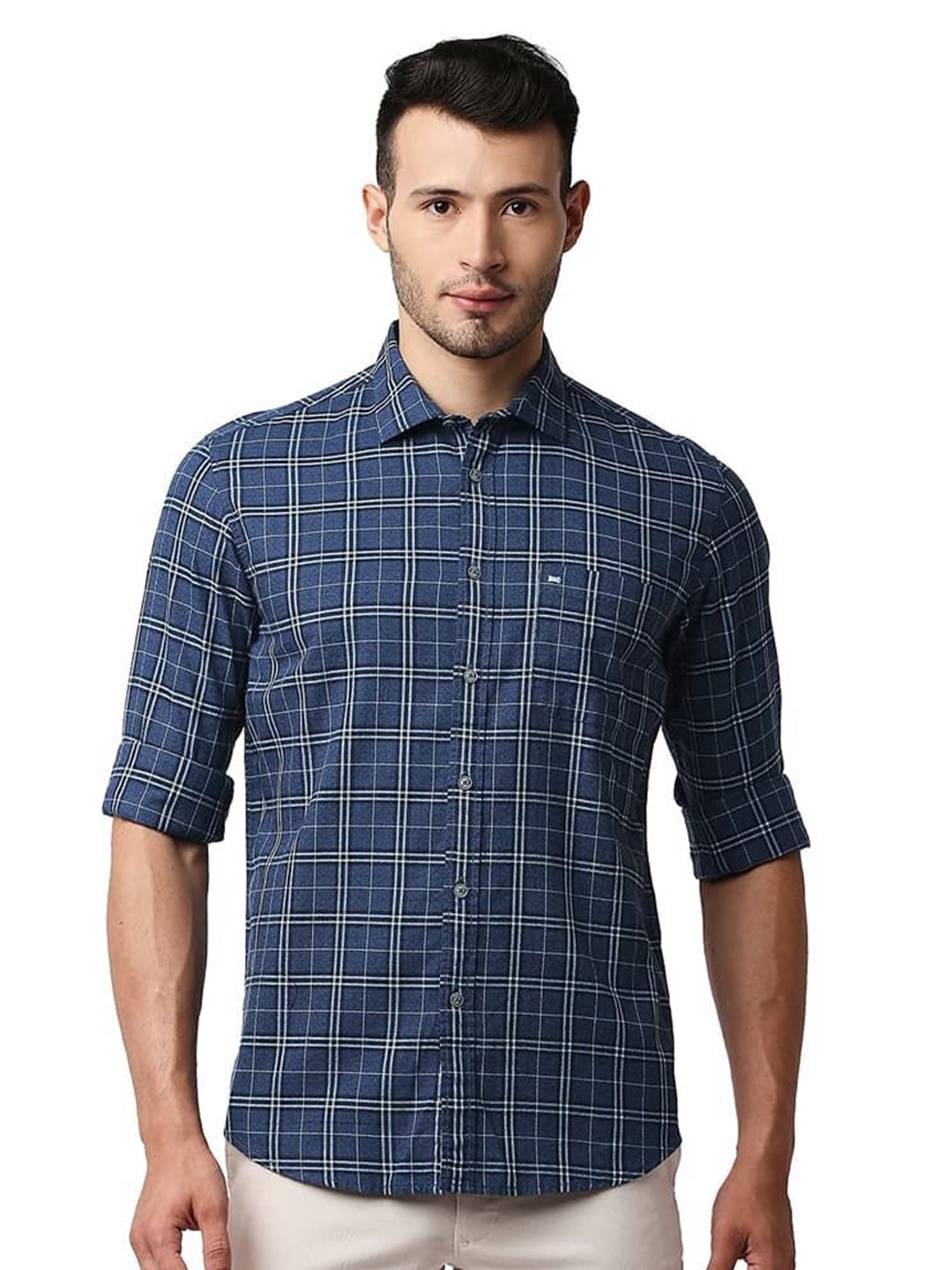 

Basics Men Relaxed Fit Spread Collar Tartan Checked Cotton Casual Shirt, Blue