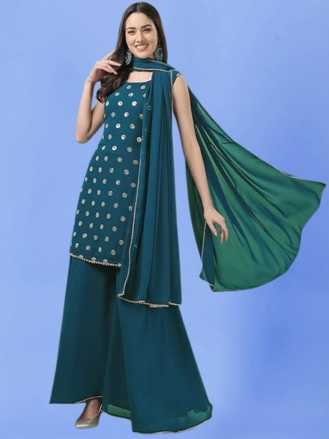 

PARROT CREATION Geometric Embroidered Sequinned Georgette Kurti With Sharara And Dupatta, Teal