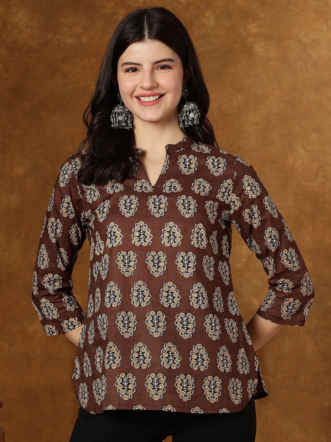 

JANAKDULARI CREATION Women Floral Printed Mandarin Collar Cotton Top, Brown