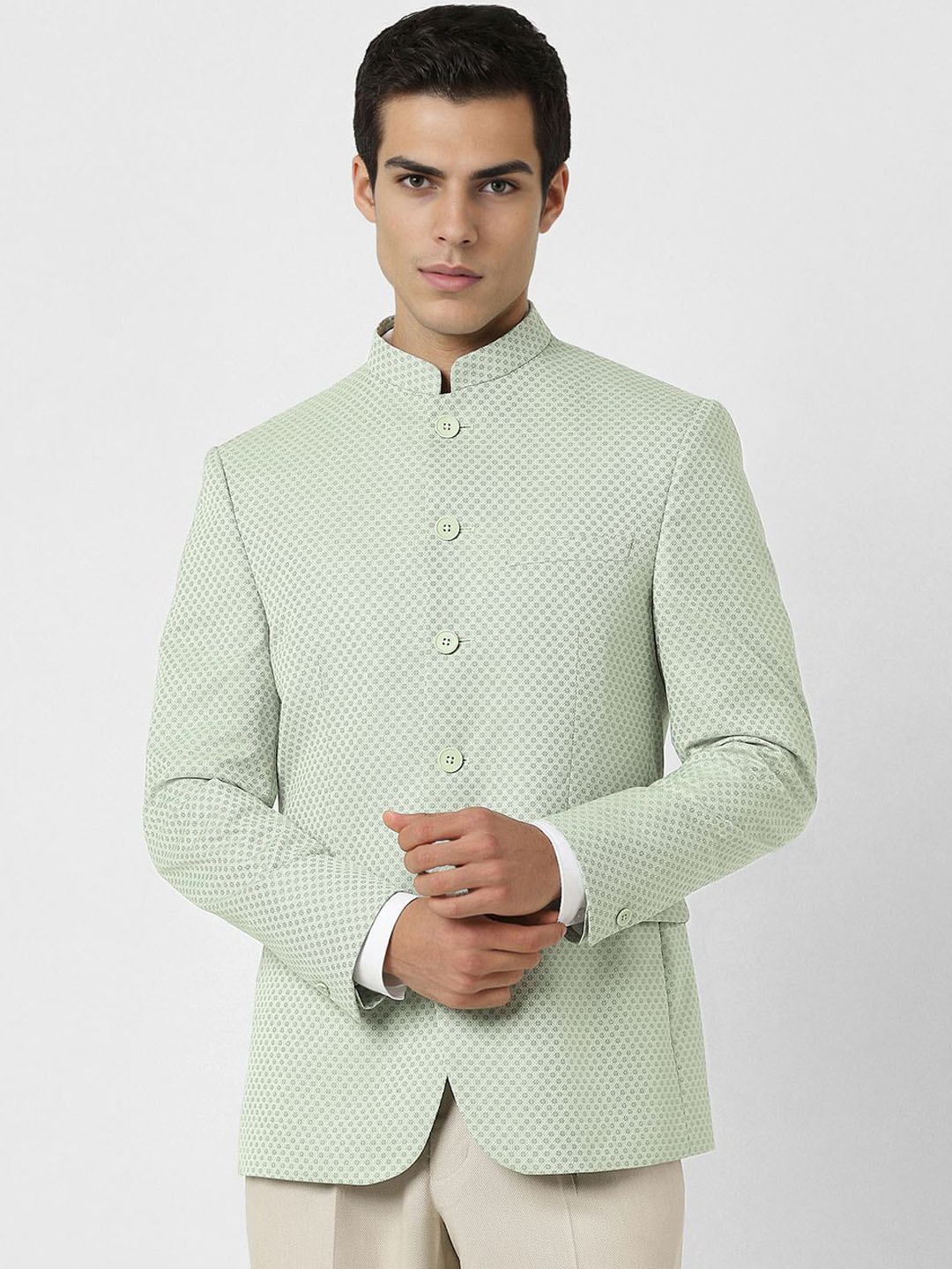 

Van Heusen Geometric Printed Mandarin Collar Slim Fit Blazer, Green