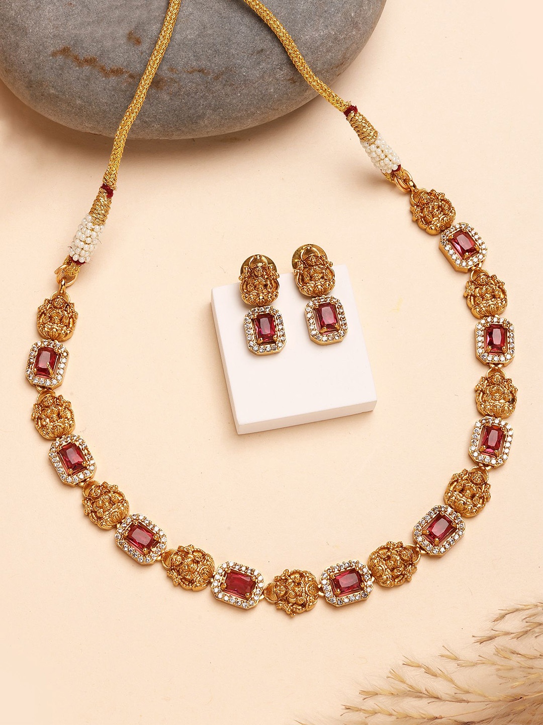 

KARATCART Gold Plated Stone Studded Laxmi Mata Temple Necklace and Earrings