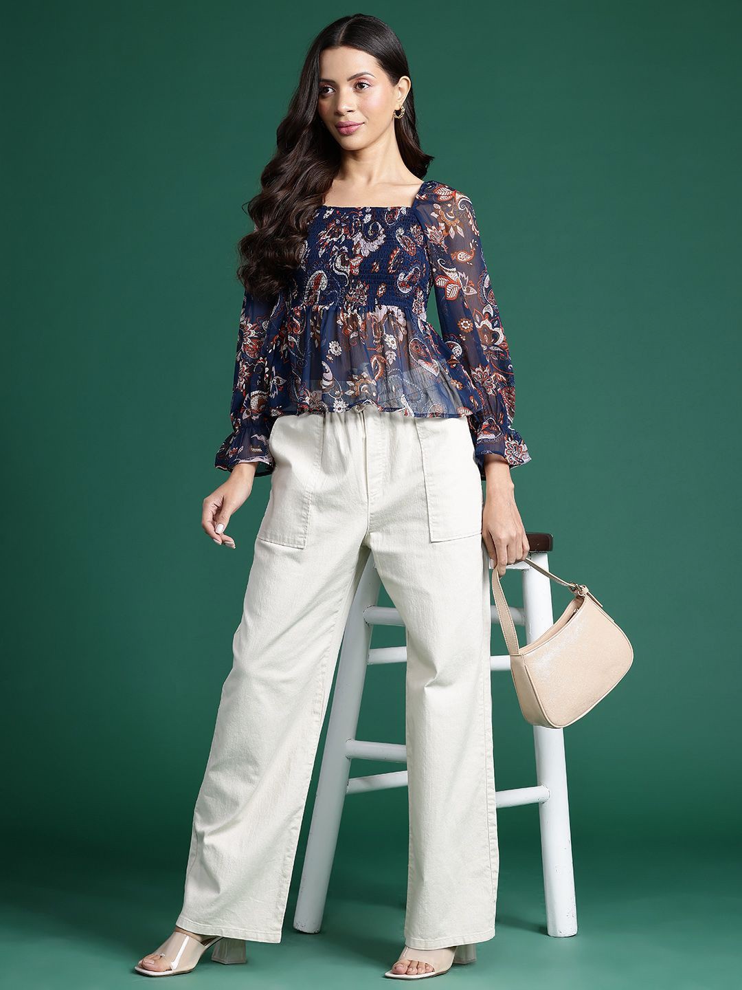 

DressBerry Floral Printed Puff Sleeve Georgette Peplum Top, Navy blue