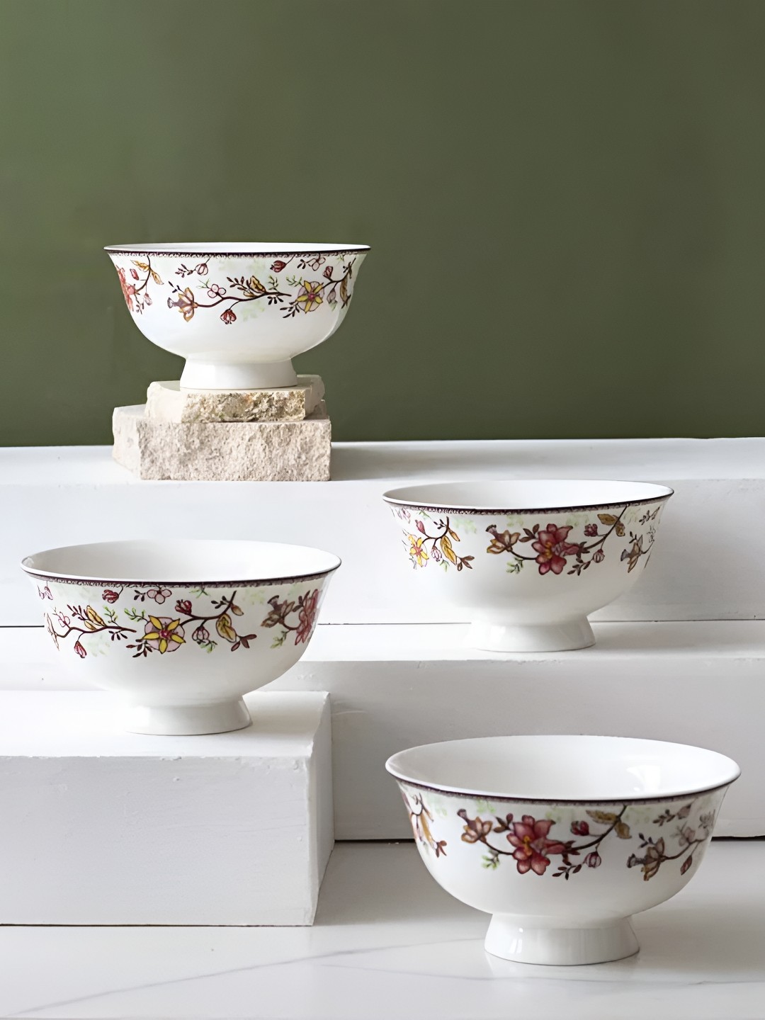 

THEDECORKART Quiet Pastoral White & Green 4 Pieces Printed Katoris
