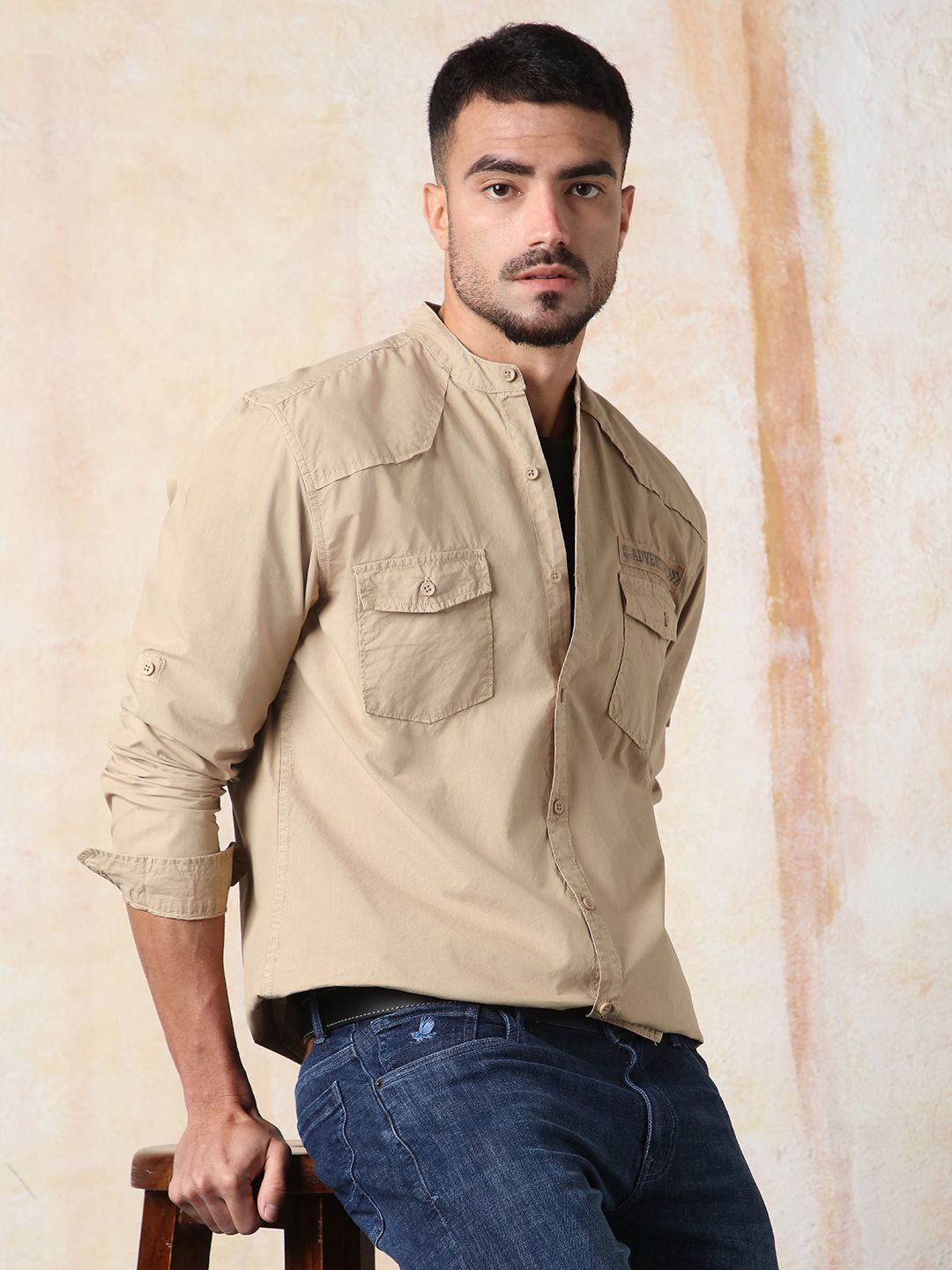 

High Star Men Regular Fit Utility Heavy Washed Spread Collar Solid Cotton Casual Shirt, Khaki