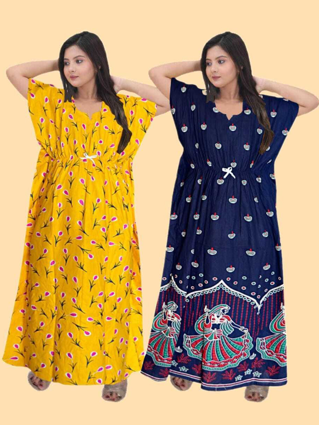 

PR PINK ROYAL Women Pack Of 2 Printed Pure Cotton Maxi Kaftan Nightdress, Yellow