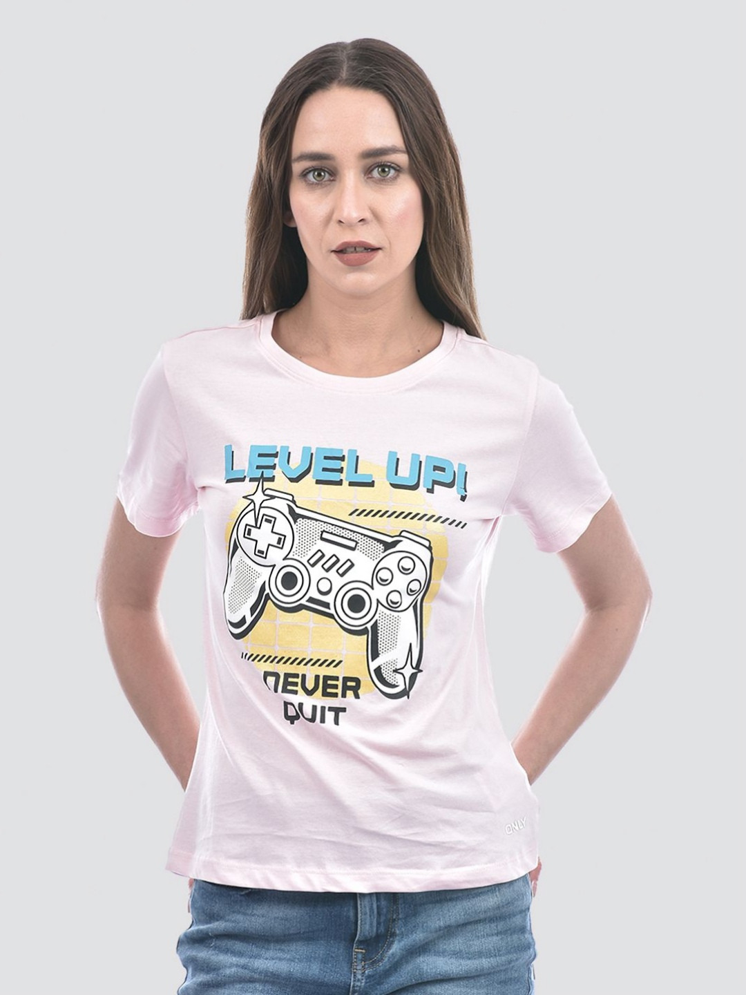 

ONLY Women Graphic Printed Round Neck Cotton T-shirt, Pink