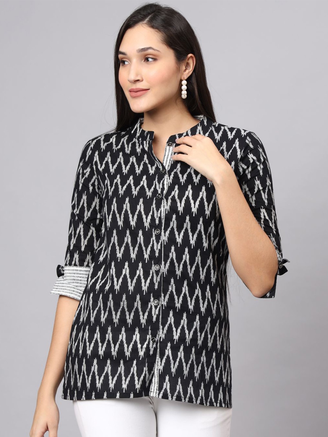 

JAPER KURTI Women Comfort Fit Mandarin Collar Chevron Striped Cotton Casual Shirt, Black