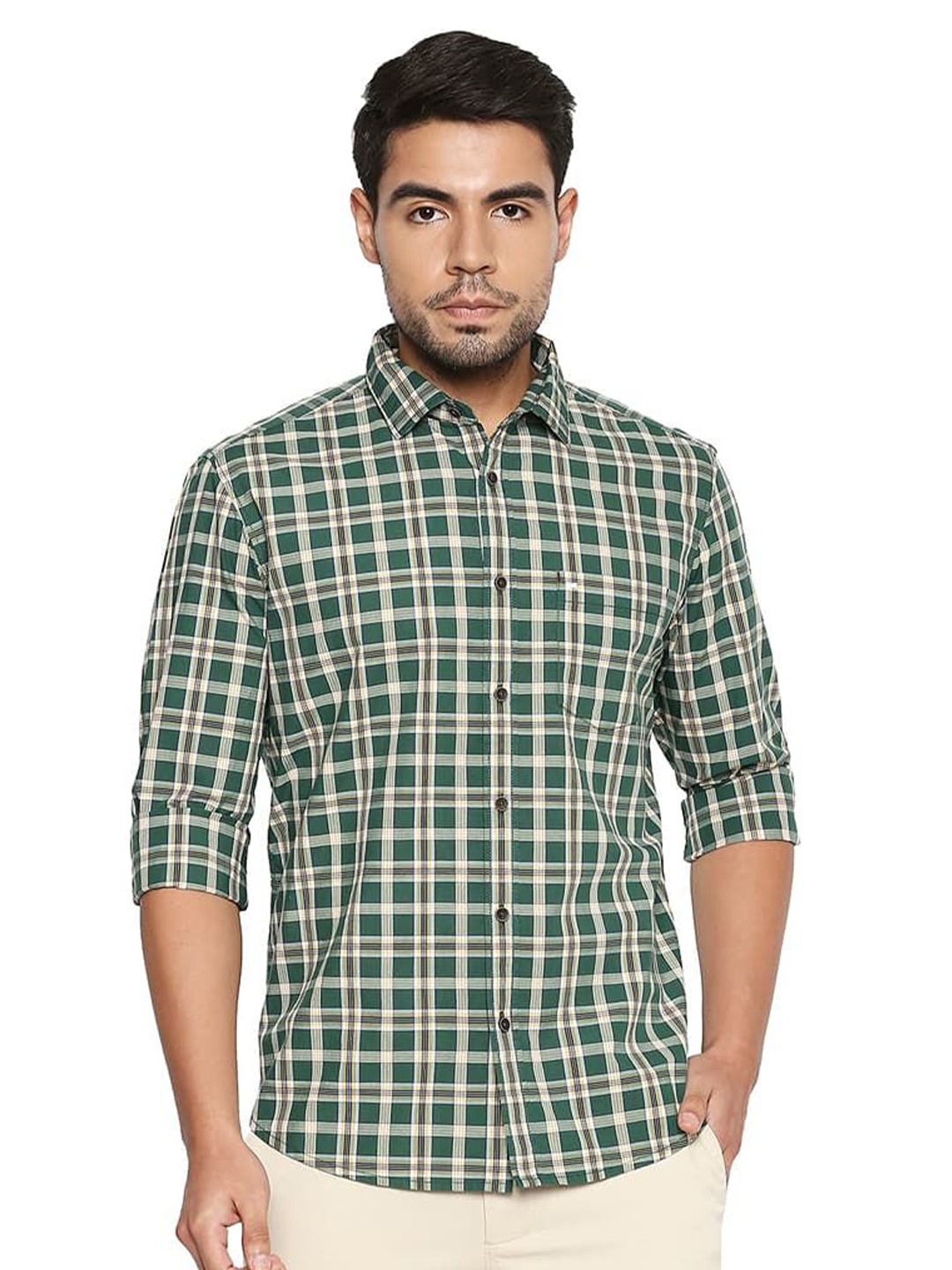 

Basics Men Relaxed Fit Spread Collar Tartan Checked Cotton Casual Shirt, Green