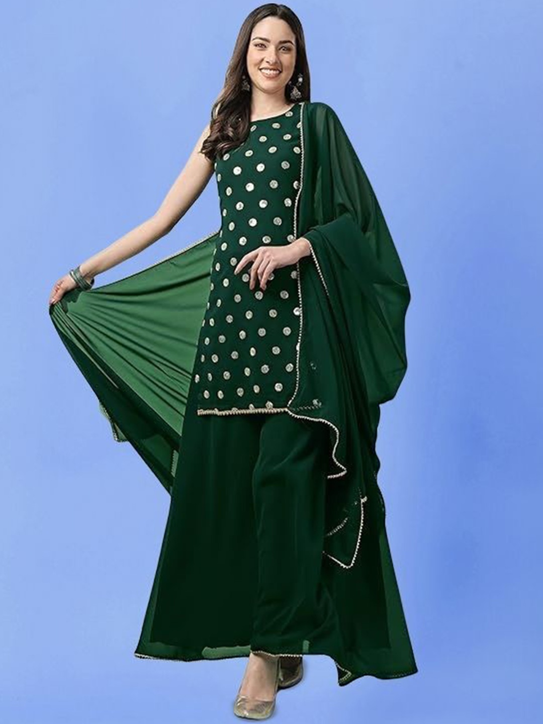 

PARROT CREATION Geometric Embroidered Sequinned Georgette Kurti with Sharara And Dupatta, Green