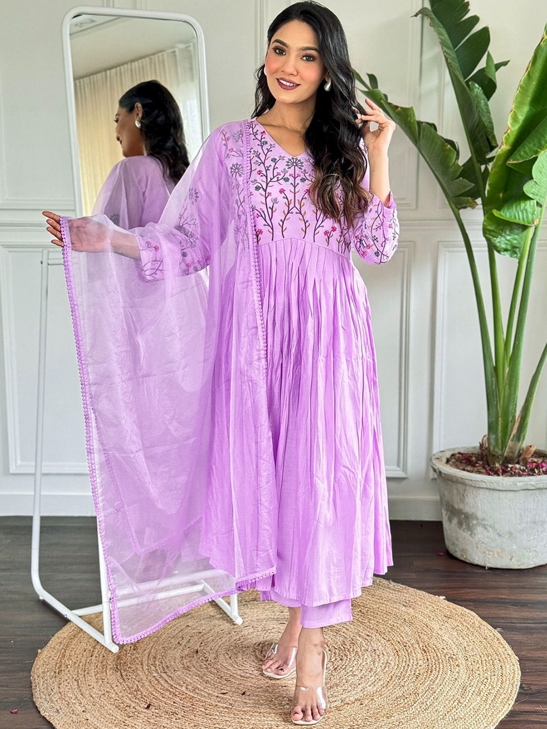 

KALINI Floral Embroidered V-Neck Chanderi Cotton Anarkali Kurta with Trousers And Dupatta, Lavender