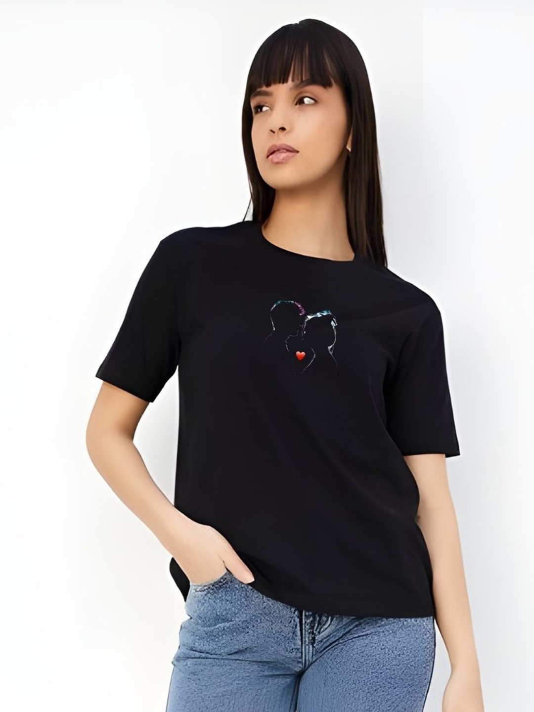 

DressBerry Women Graphic Printed Round Neck Cotton Boxy T-shirt, Black