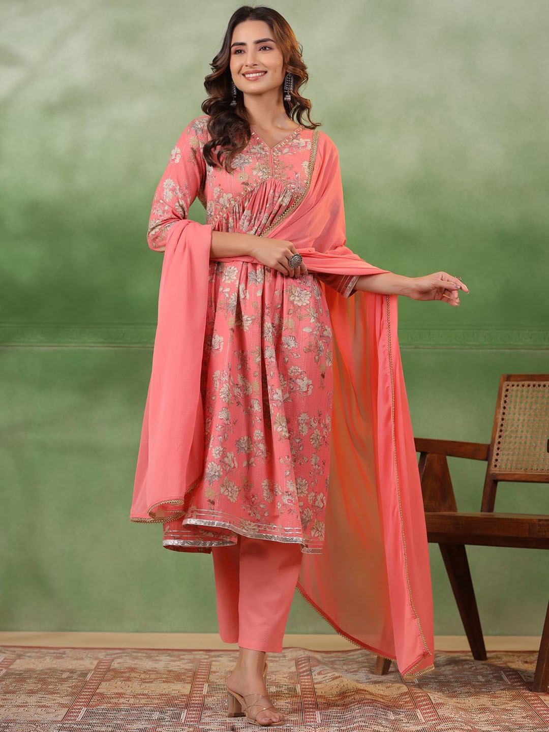 

Sangria Printed Pure Cotton V Neck Kurta With Trouser & Dupatta Set, Peach