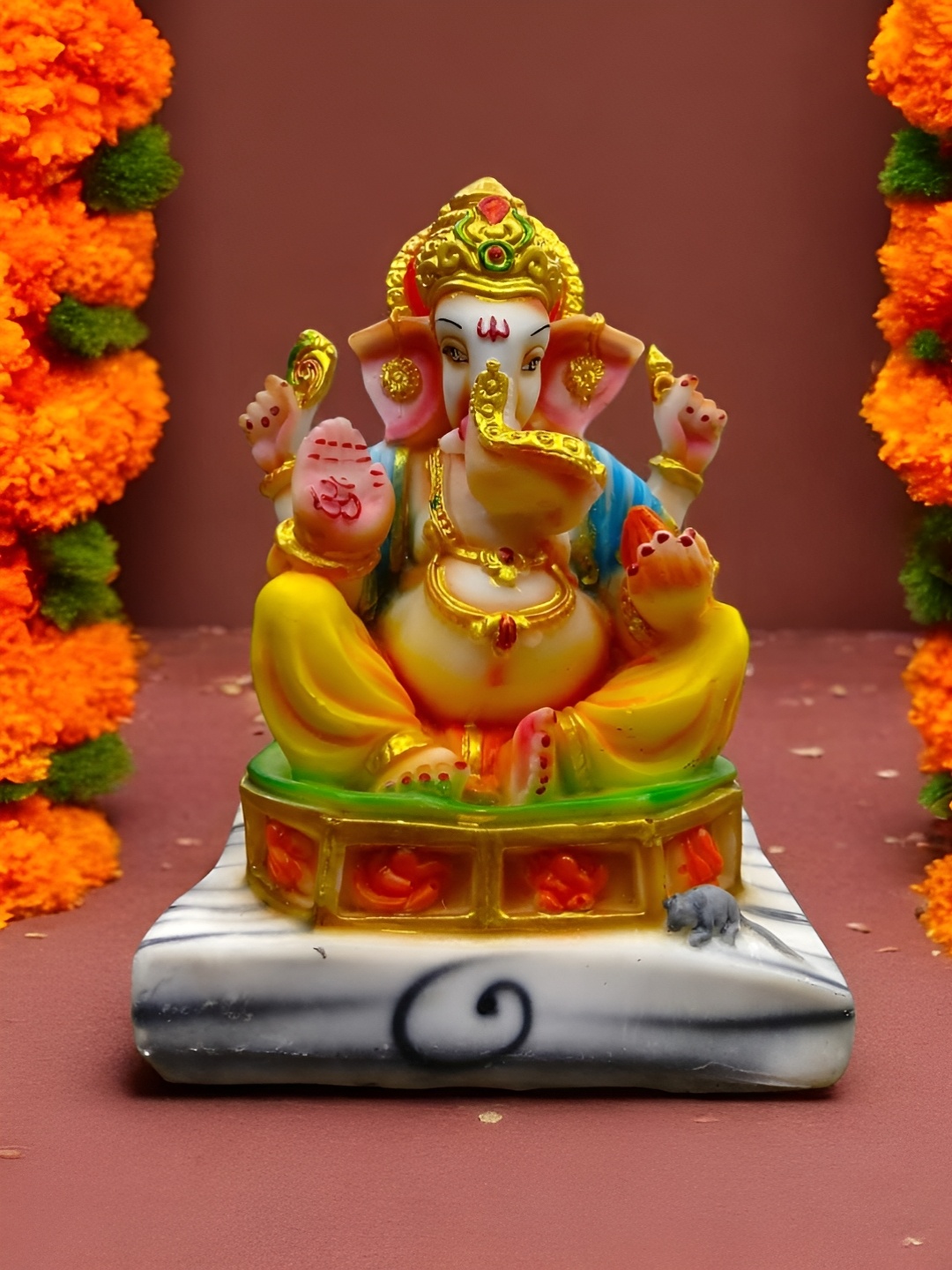 

Vrinban International Yellow & Gold-Toned Ganesha Marble Religious Idol Showpiece, Red