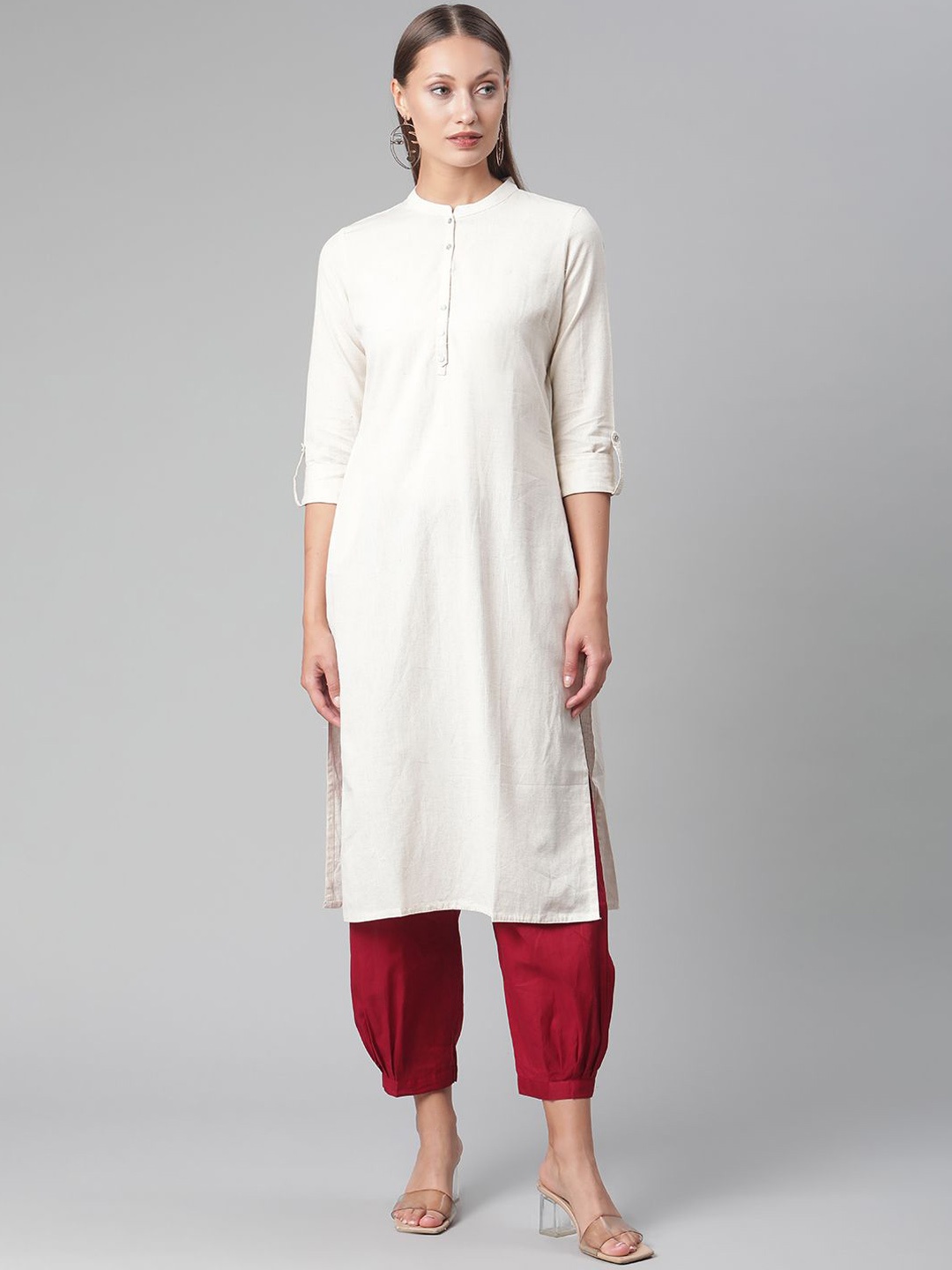 

Chandbaali Mandarin Collar Cotton Straight Kurta, Beige