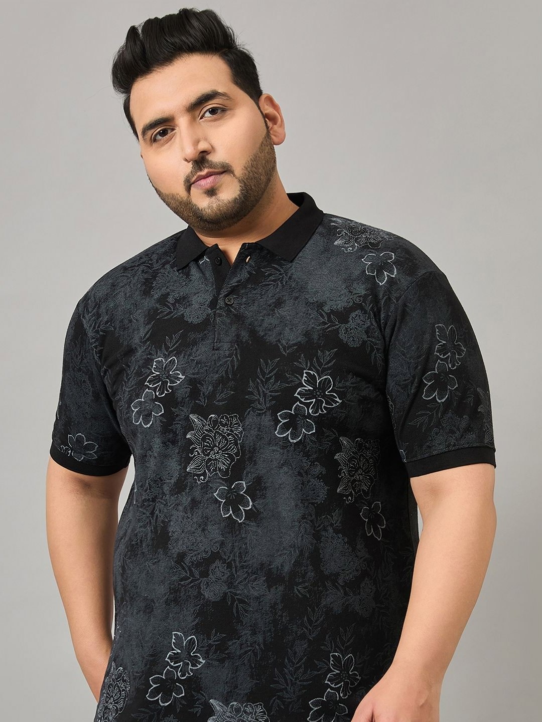 

NYKER Men Plus Size Floral Printed Polo Collar Cotton T-shirt, Black