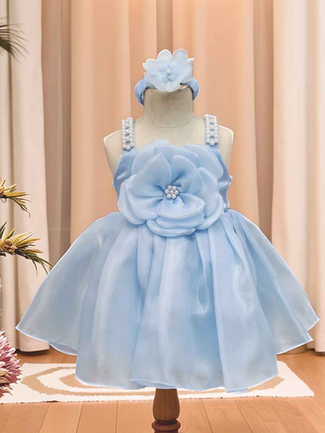 

Lagorii Girls Sleeveless And Floral Embellished With Pearls Work Frock - Blue
