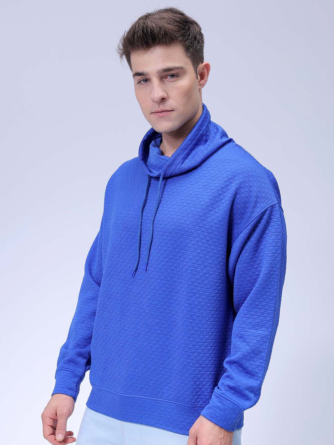 

The Indian Garage Co Men Oversized Self Design Cowl Neck Sweatshirt, Blue