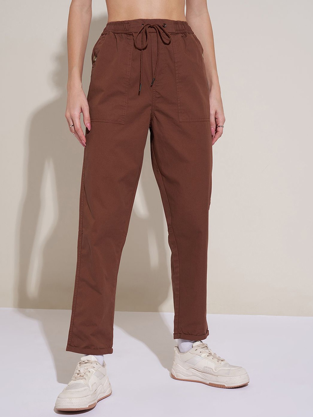 

Honey by Pantaloons Women High Rise Pure Cotton Trousers, Brown
