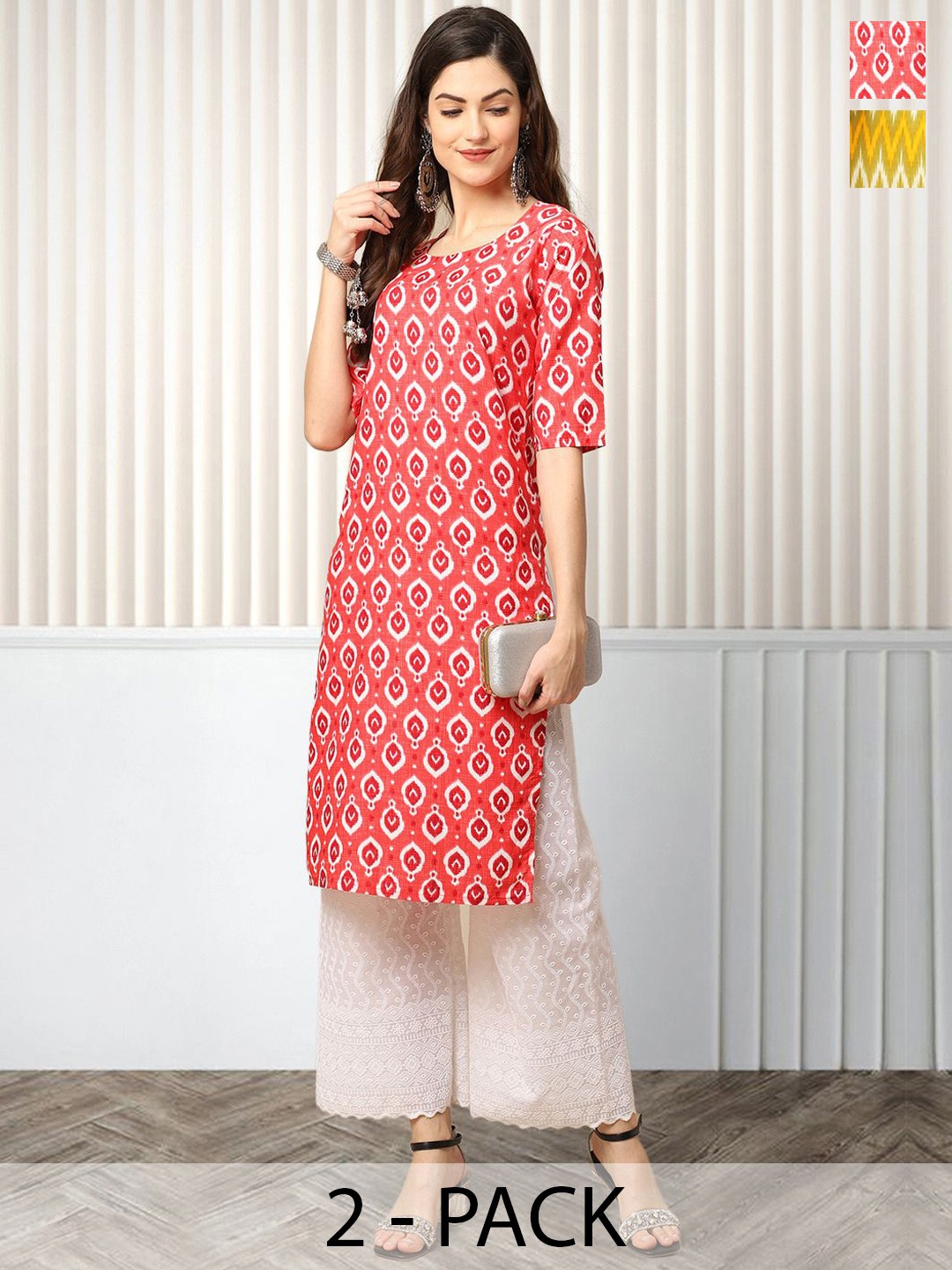 

Moda Rapido Pack of 2 Printed Round Neck Straight Kurtas, Pink