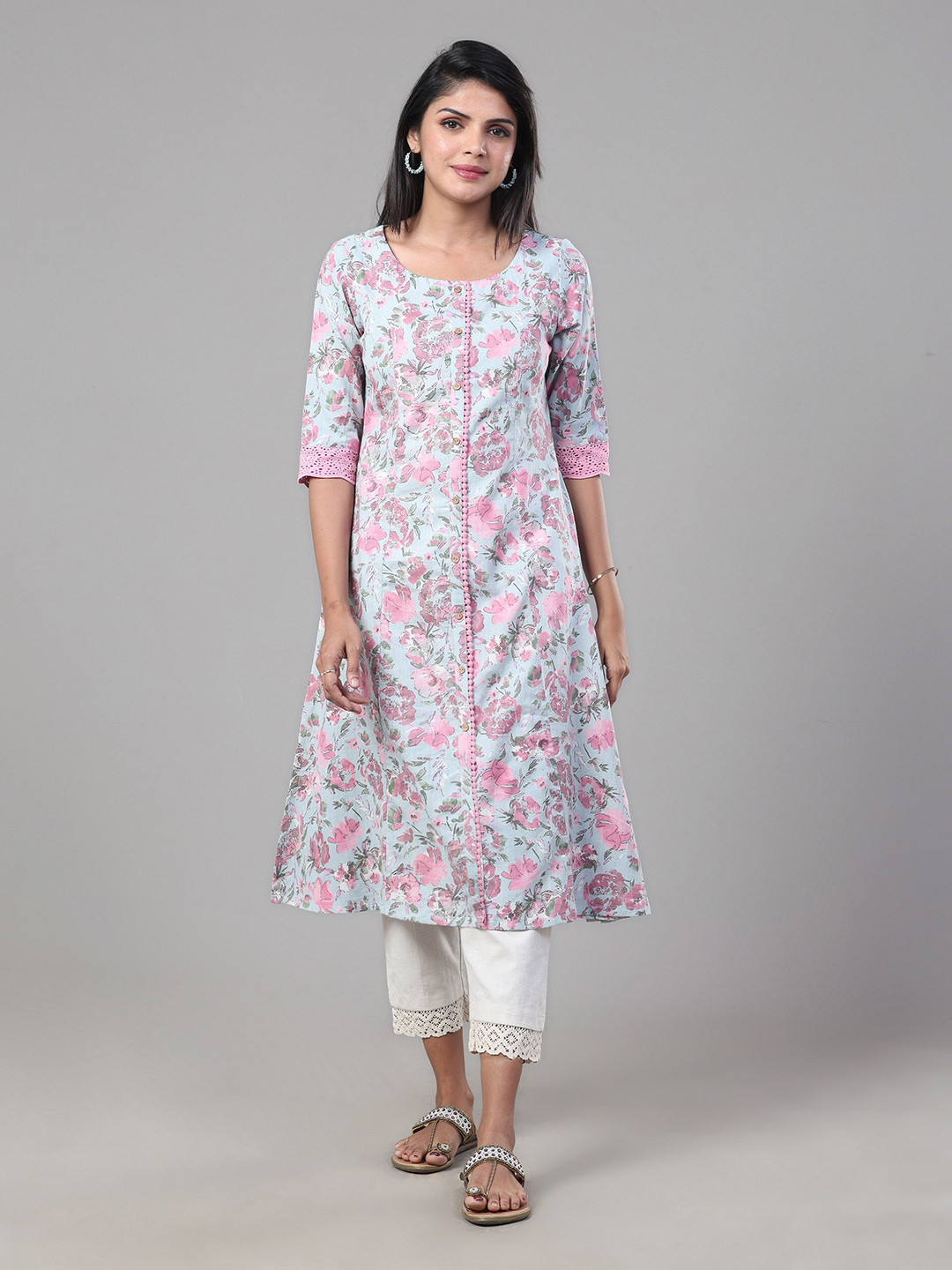 

Vismay Floral Printed Round Neck Cotton A-Line Kurta, Pink