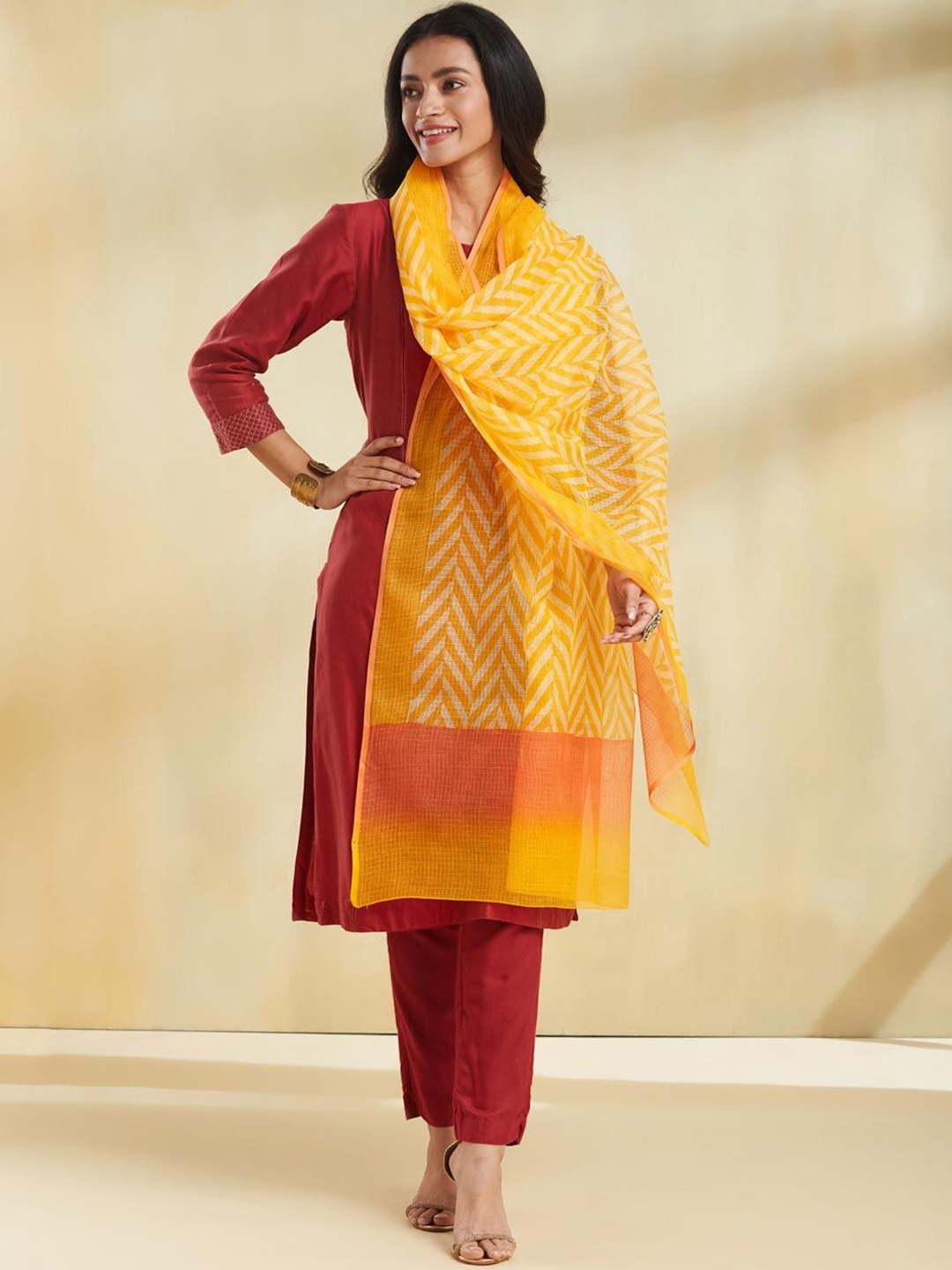 

Fabindia Chevron Printed Cotton Silk Block Print Technique Dupatta, Mustard
