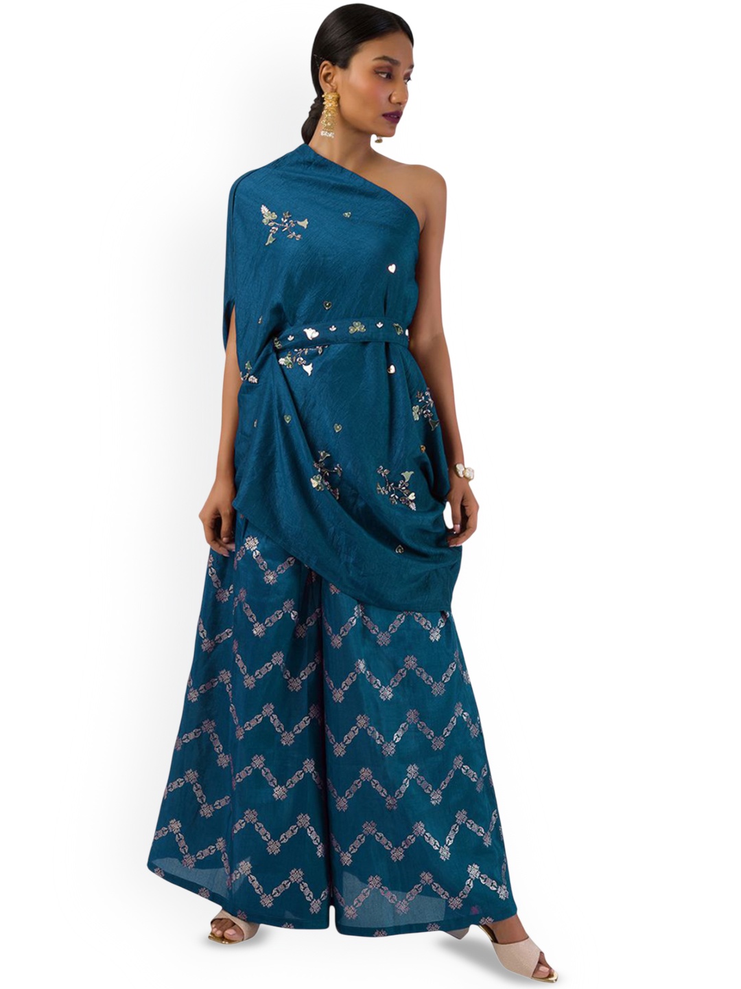 

Mystake By Meghna Shah Floral Embroidered Sequinned One Shoulder Neck Top & Palazzo, Blue