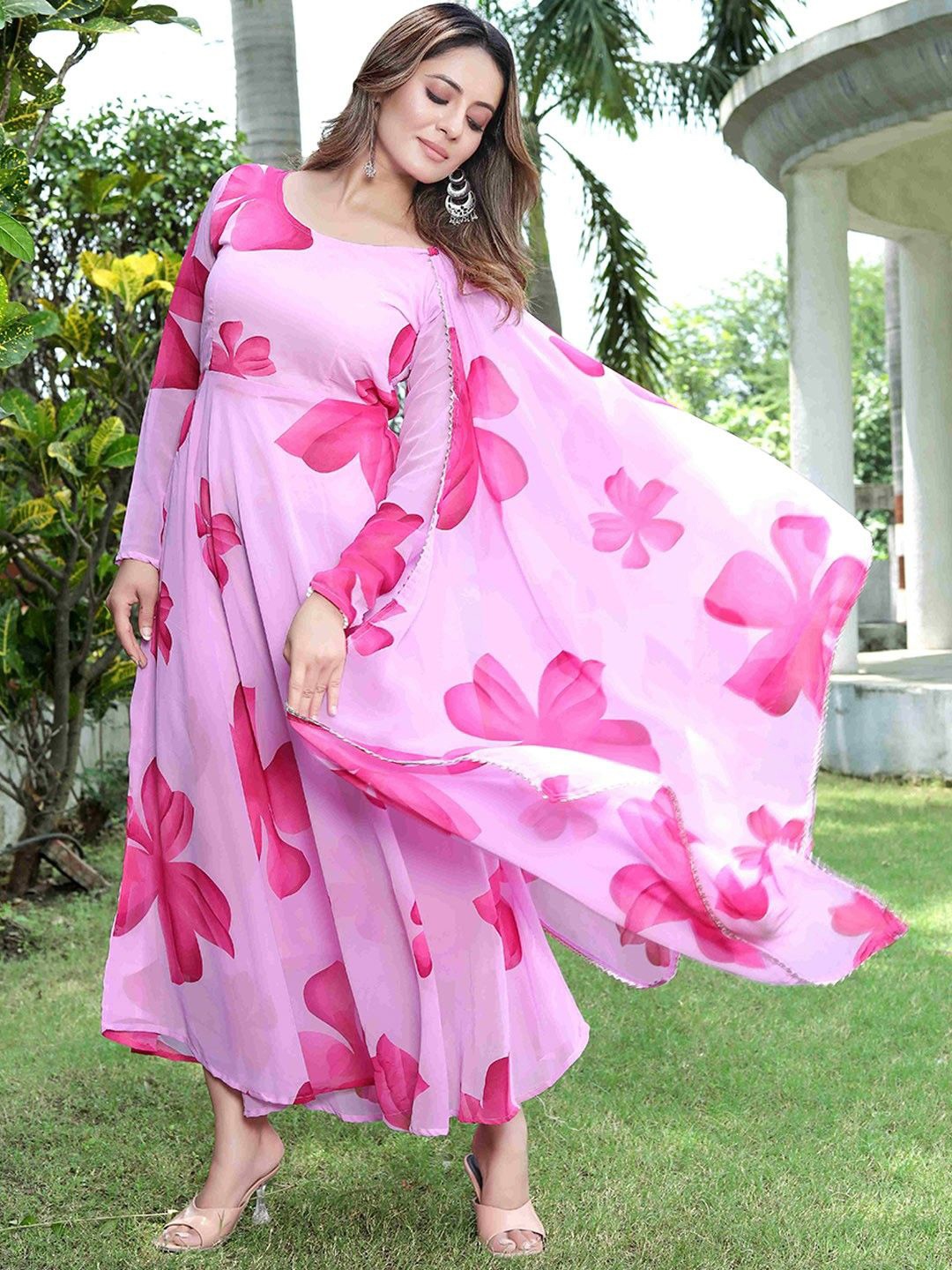 

Femvy Floral Printed Maxi Dress With Dupatta, Pink