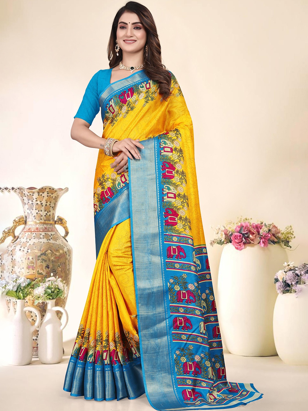 

MAGNEITTA Women Woven Design Saree With Blouse Piece, Yellow